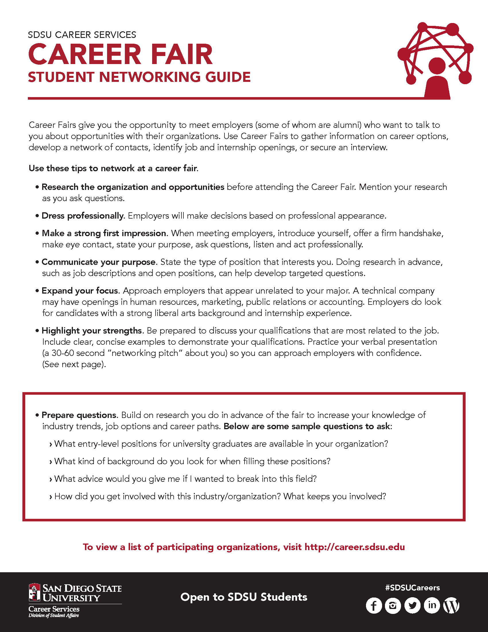 SDSU Career Fair Student Networking Guide page 1