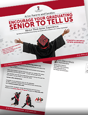 Career services postcard mailer sample with grad student on cover