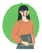 illustration of girl student weating skirt holding book and wearing mask