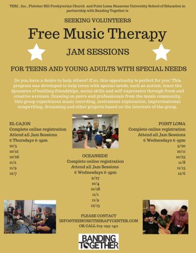 Seeking volunteers - Free Music Therapy Jam sessions for Teens and Youn adults with special needs. see details to right