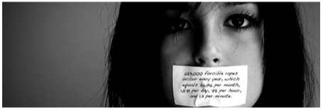photo: Girl with tape over mouth, with writing on the tape about how many forcible rapes occur each year
