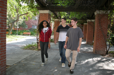students walking on path with trees on campus