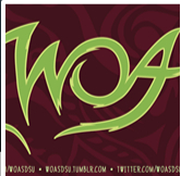 logo for the Womyn's Outreach Association - green letters of WOA in brown box