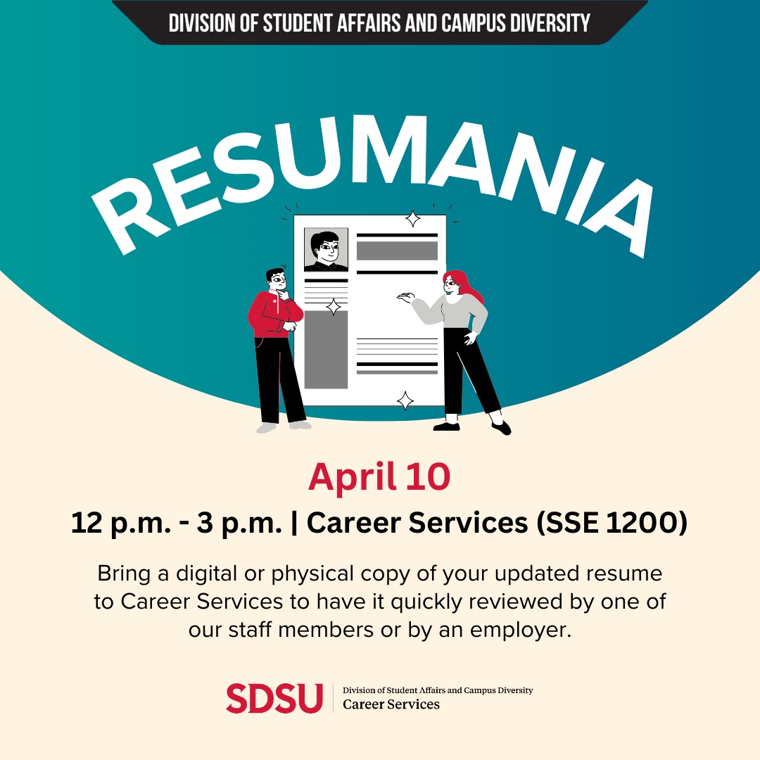 Beige background with teal circle and white text in it saying "Resumania" with line art of two people talking to one another and image of a glowing resume in the background