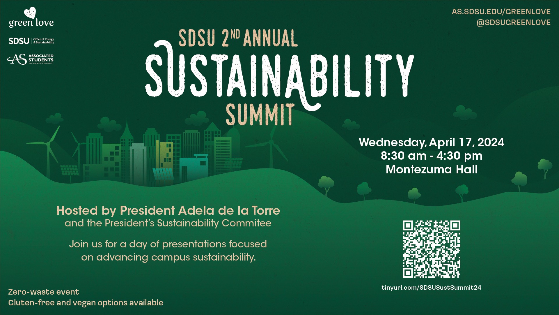 Green background with yellow and white text that says "SDSU 2nd Annual Sustainability Summit". For more information, please visit https://sustainable.sdsu.edu/highlights/news/sustainability-articles/sustainabilitysummit.