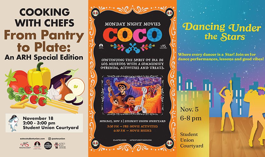 ASUB event posters for Cooking with Chefs, Nov. 18, “Coco,” and “Dancing Under the Stars”