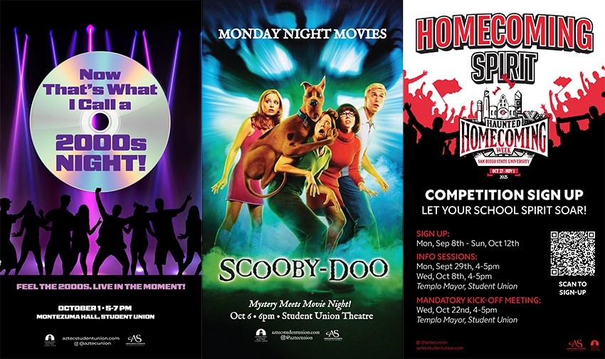 ASUB event posters for 2000s night, scooby doo and homecoming