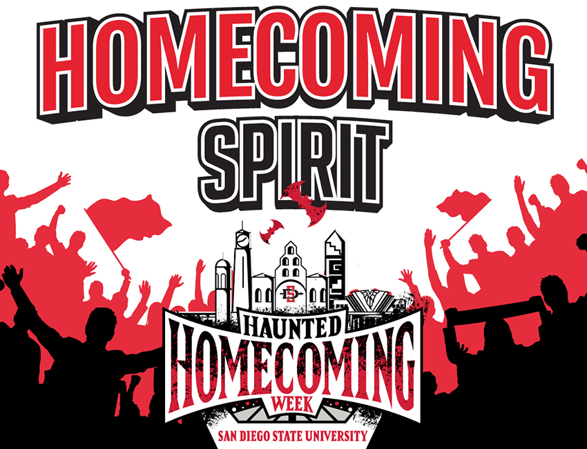 Homecoming graphic with crowd, hepner hall and bats flying
