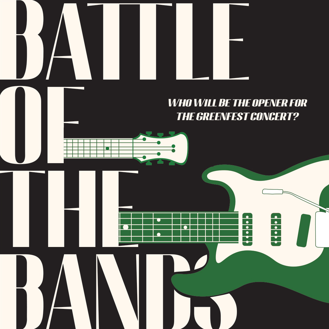 green guitar with white text that says Battle of the Bands