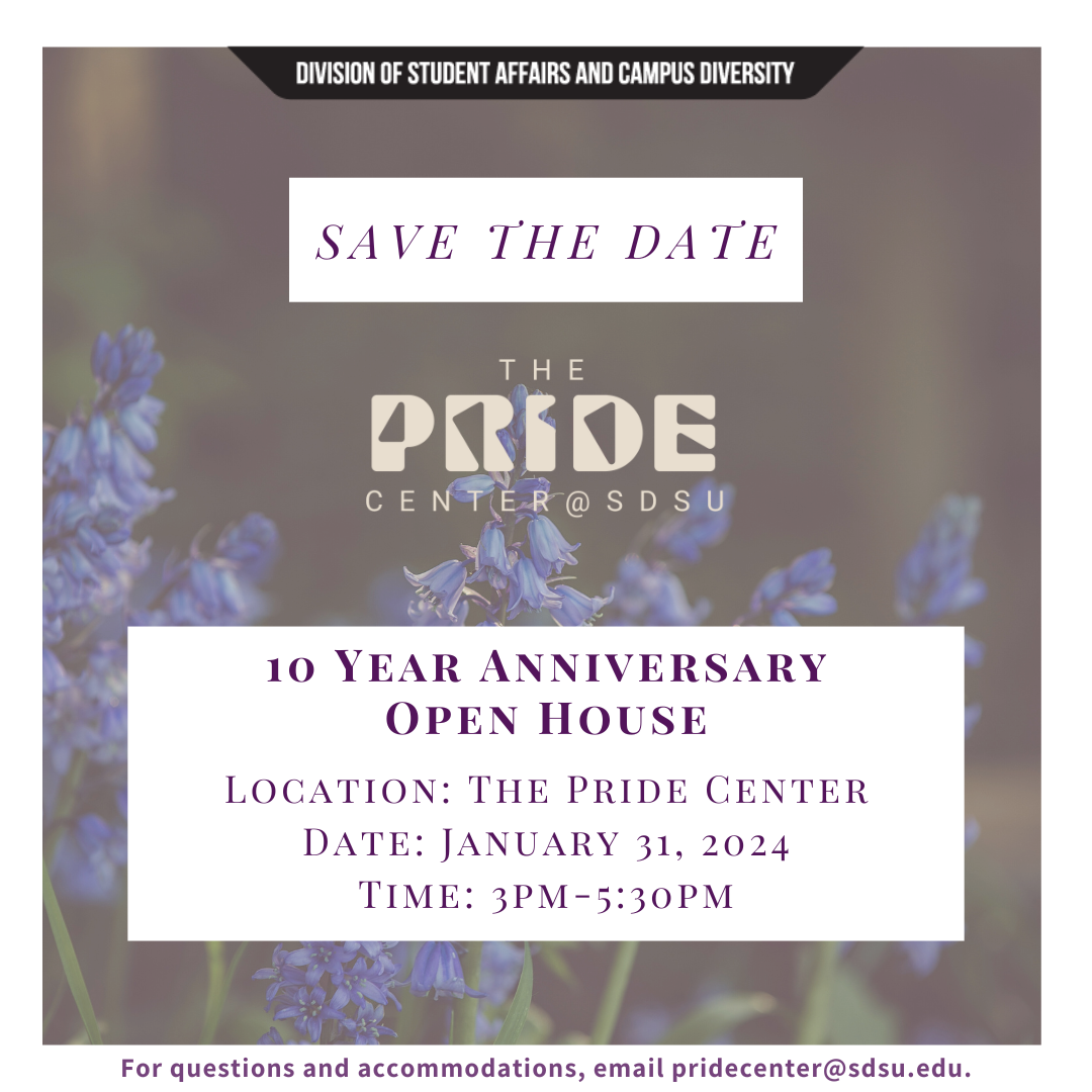 lavender with the Pride Center logo and text that says 10 year anniversary open house