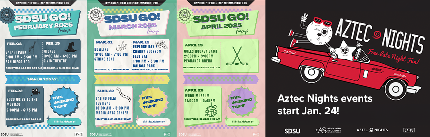 graphic of aztec nights characters and flyers for spring sdsu go! events