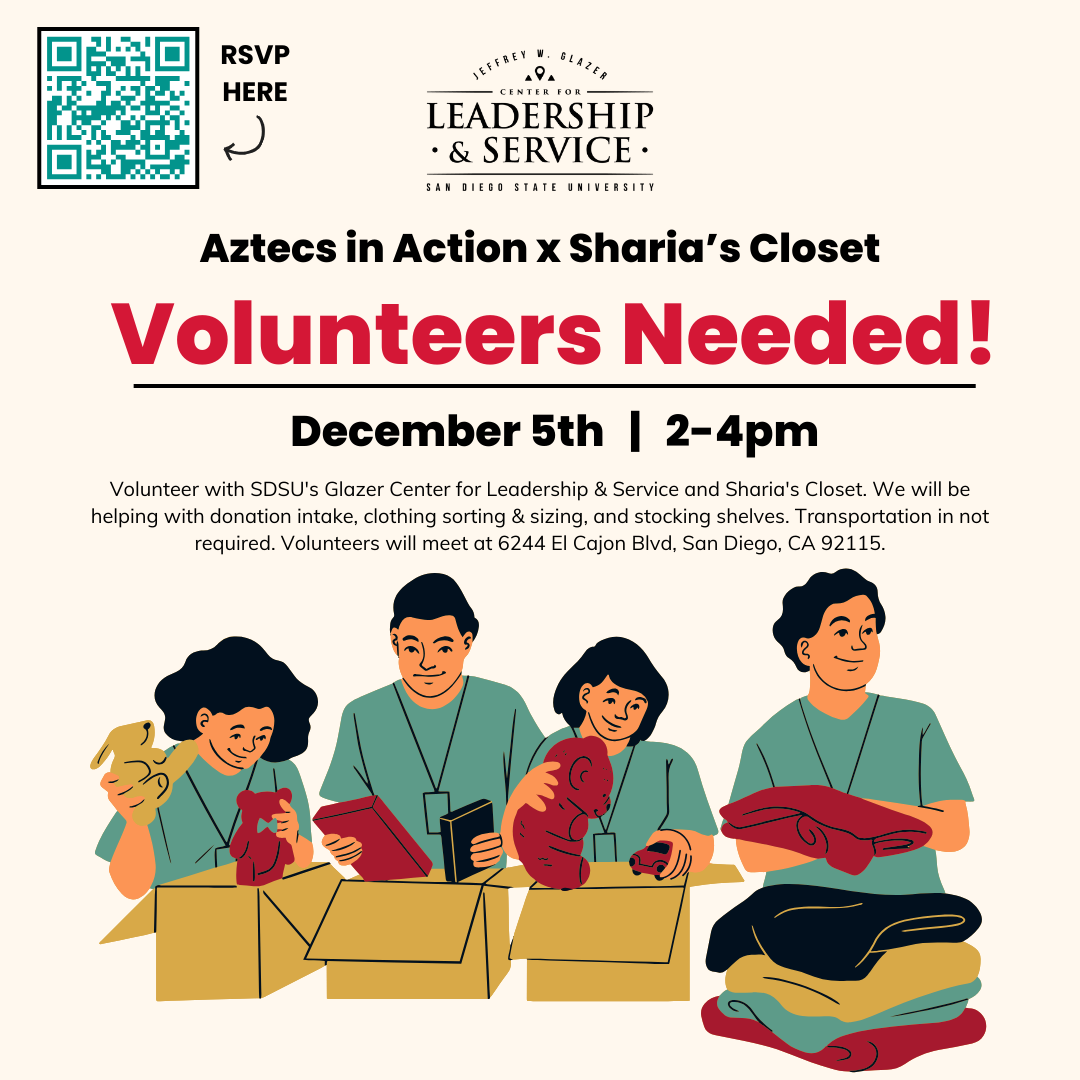 graphic of people packing clothes into boxes. flyer for Aztecs in Action - Volunteer at Sharia's Closet. for more information, please visit https://www.instagram.com/p/DCkGlWcyMBl/