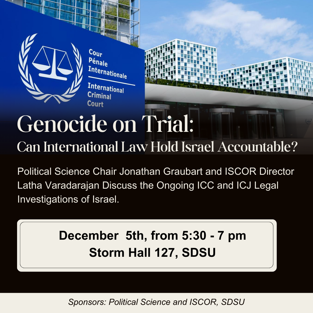 college of arts and letters discussion flyer with image of building and text that says "genocide on trial: can international law hold israel accountable?"