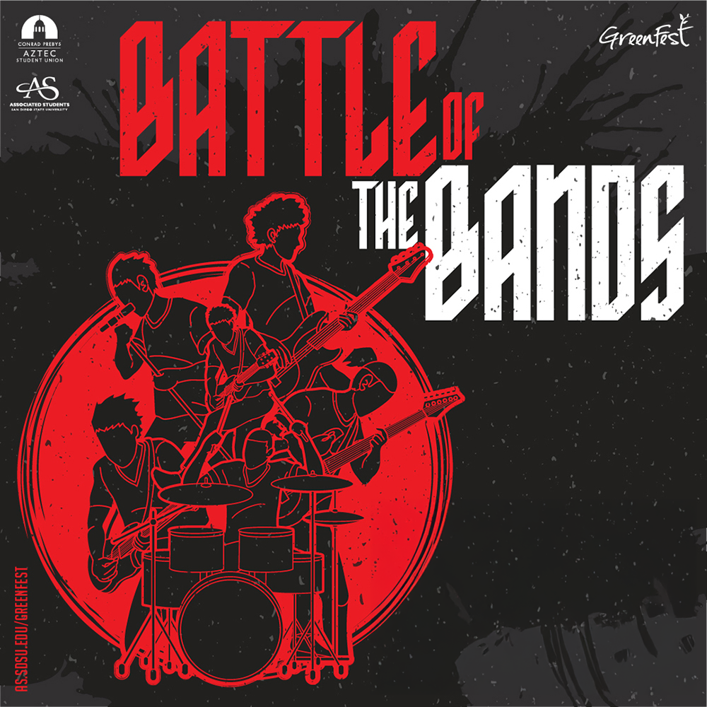 black background with red graphic of people in a band. red and white text saying "Battle of the Bands"