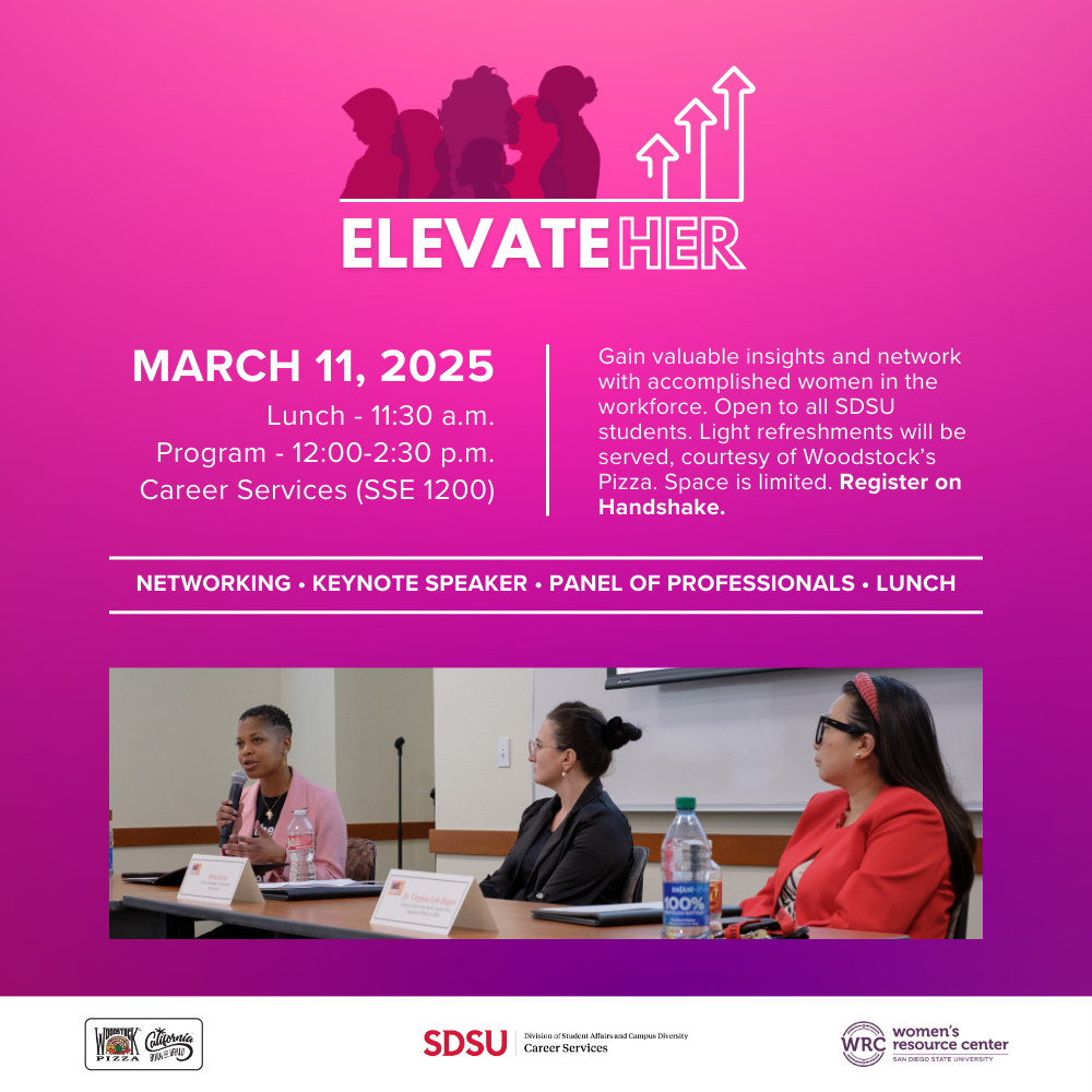 pink background with ElevateHer logo and event text. save the date for March 11, 2025