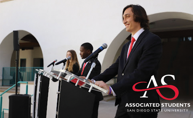 students at podium giving speeches for A.S. elections