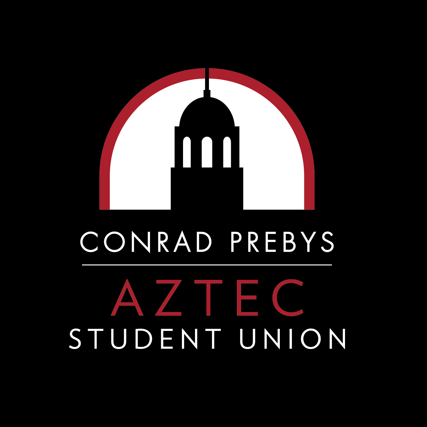 black background with vector artwork of sdsu conrad prebys student union with white and uppercase red words that says "Conrad Prebys Aztec Student Union"