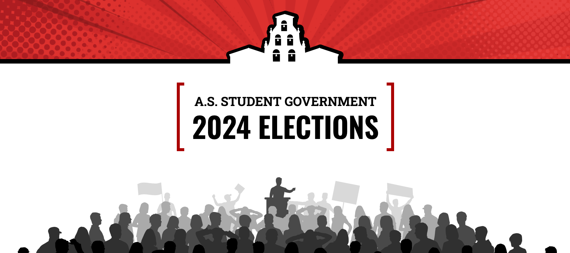 white background and silhouette of an election candidate giving a speech with crowd holding posters looking in direction of the speaker and in black uppercase text "a.s. student government 2024 elections" and Hepner Hall vector artwork above that