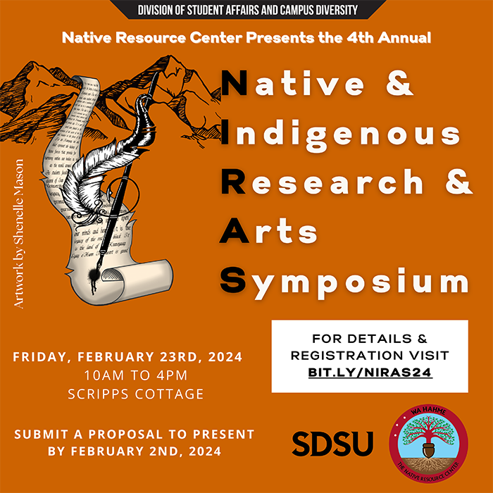orange background with text in downward position that says Native & Indiginous Research & Arts Symposium with long scroll artwork and feather and fountain pen coming out of a montain