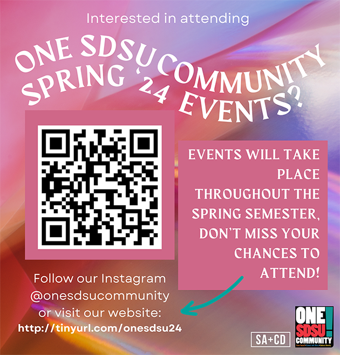 Purple and pink and red groovy background with white wavy uppercase text that says "One SDSU Community Spring '24 Events" with event details in white text to the side and a QR code on the bottom left