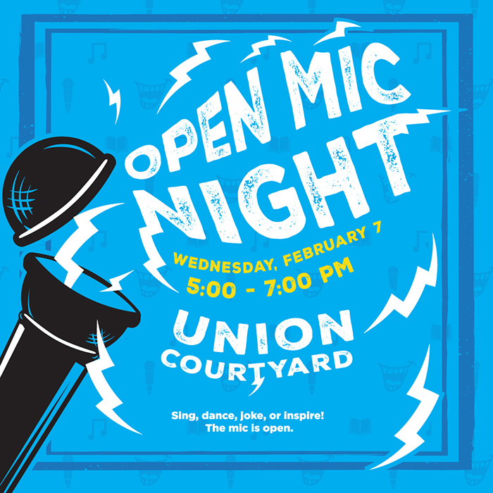 blue background with vector artwork of a black microphone opening up and lightning bolts coming out of it and white text that says 'OPEN MIC NIGHT' and event details