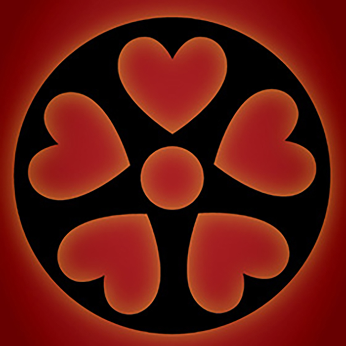 black to red gradient background with circle containing 5 hearts pointing to another smakler circle at the center
