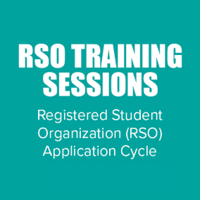 teal background with white text that says rso training sessions registered student organization (rso) application cycle