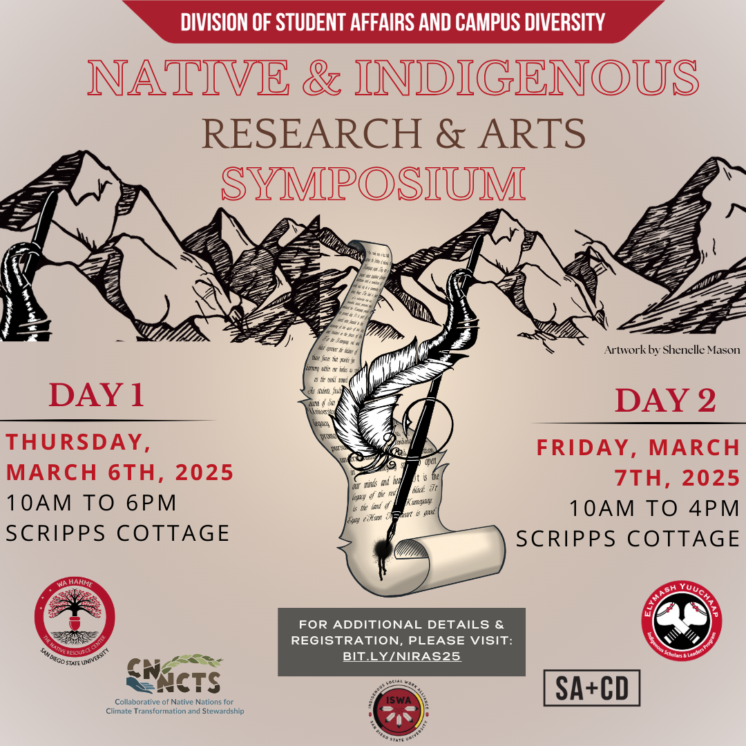 graphic of scroll coming down from mountains with feather pen and text that says native and indigenous research and arts symposium with dates and details.