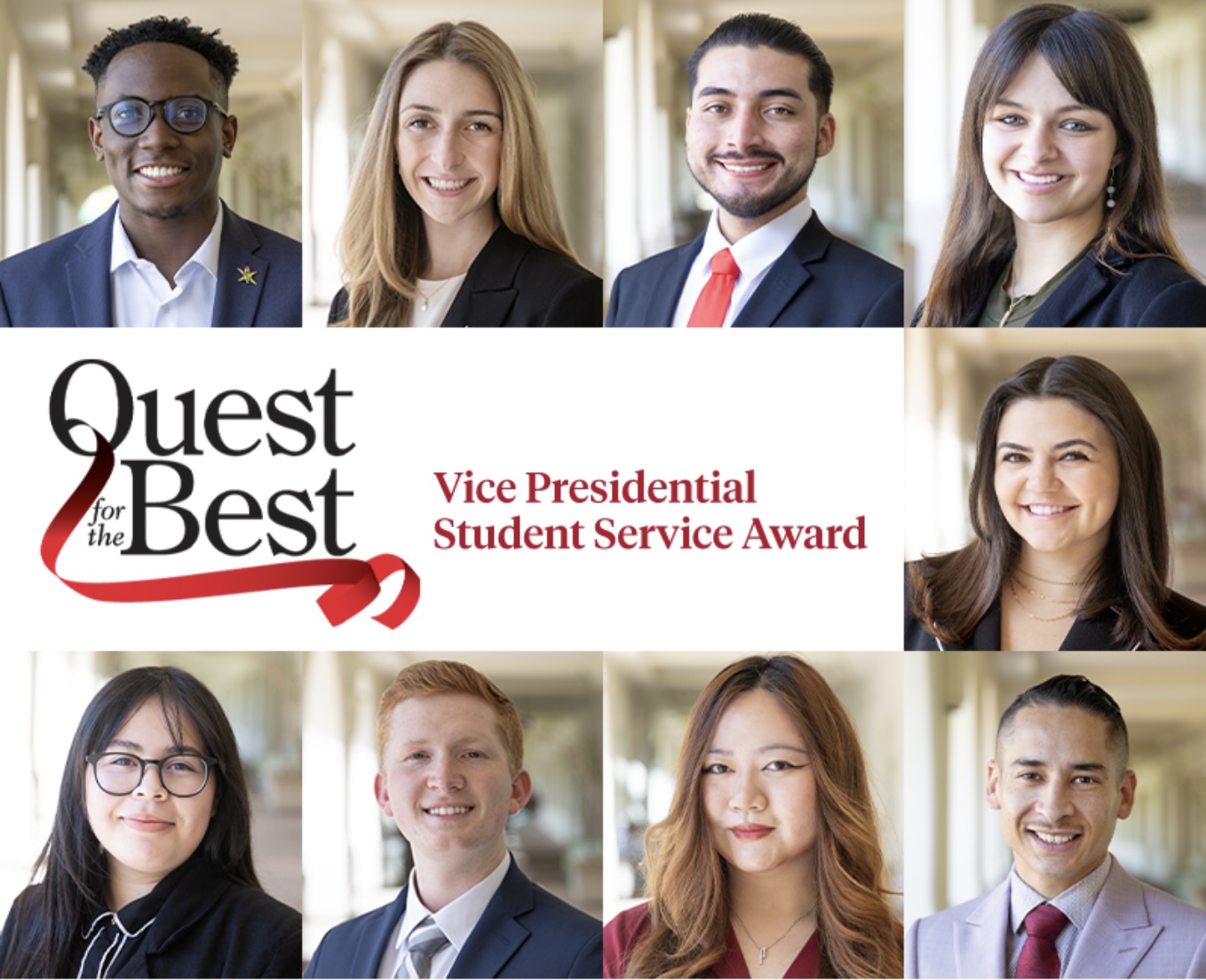 image of nine portrait images of people in professional outfits and quest for the best logo with text saying vice presidential student service award