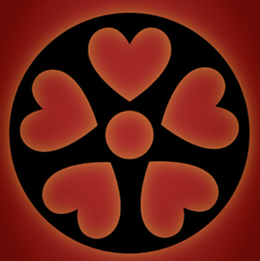 black circle with red circle inside and five concentric red hearts surrounding it