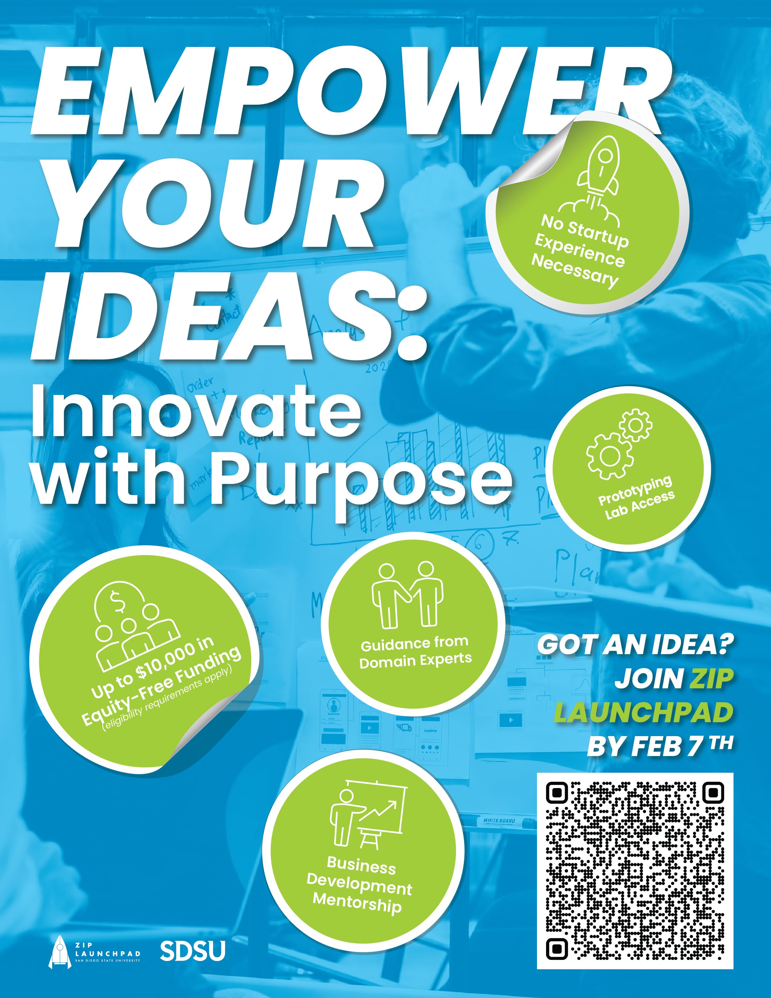 text that says empower your ideas:innovate with purpose with people in the background