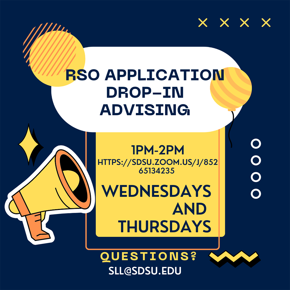 blue background and yellow megaphone with text that says RSO Application Drop-in Advising