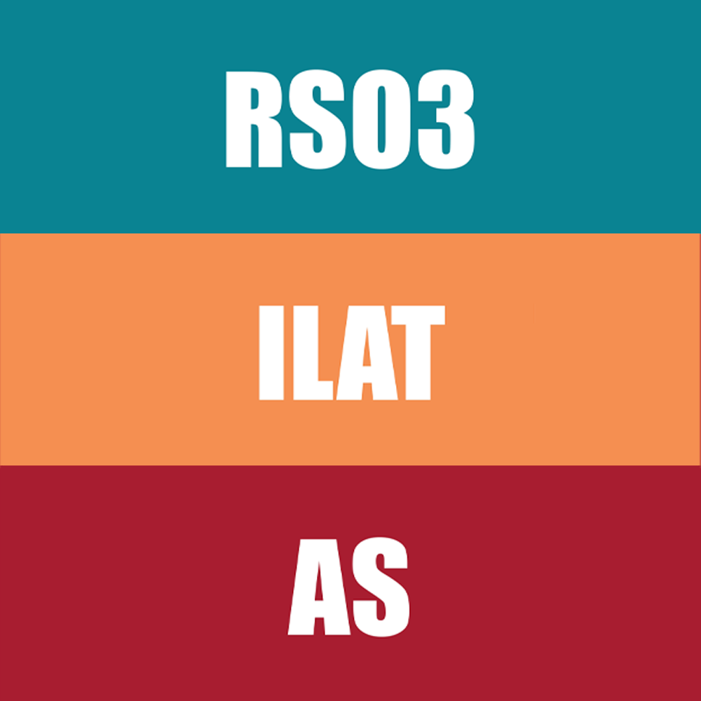 blue, yellow and red background with white text saying RSO3, ILAT and AS