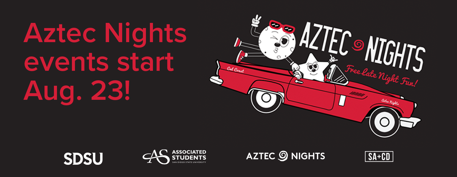 moon and star riding in a red car and text that says "Aztec Nights Free late Night Fun!"