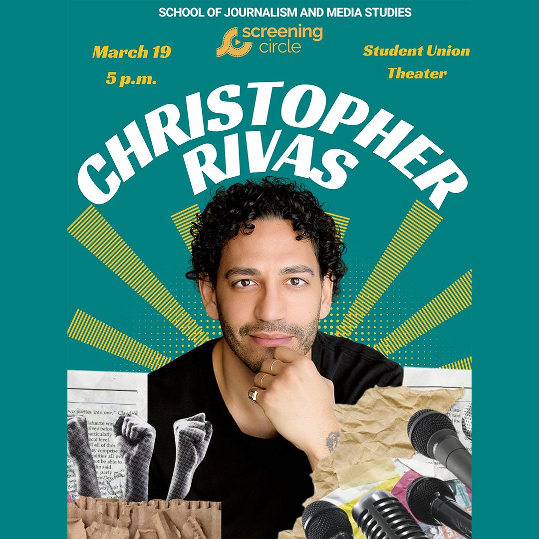 Teal background and image of Christopher Rivas. Event title in white saying "Christopher Rivas" For more information, please visit https://jms.sdsu.edu