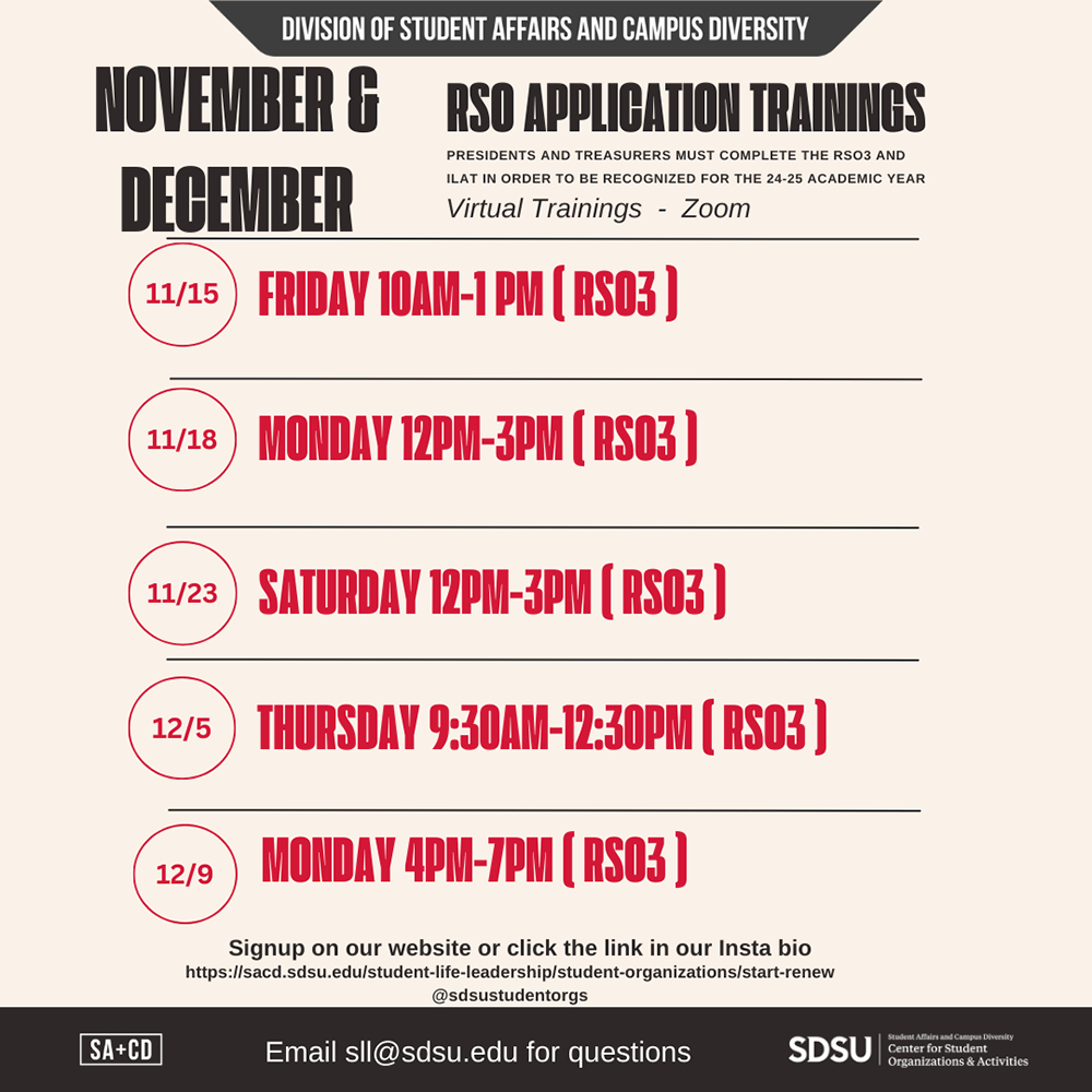 beige background with black and red text saying "November and December RSO Application Trainings." for more information, visit www.instagram.com/sdsuleadandserve/