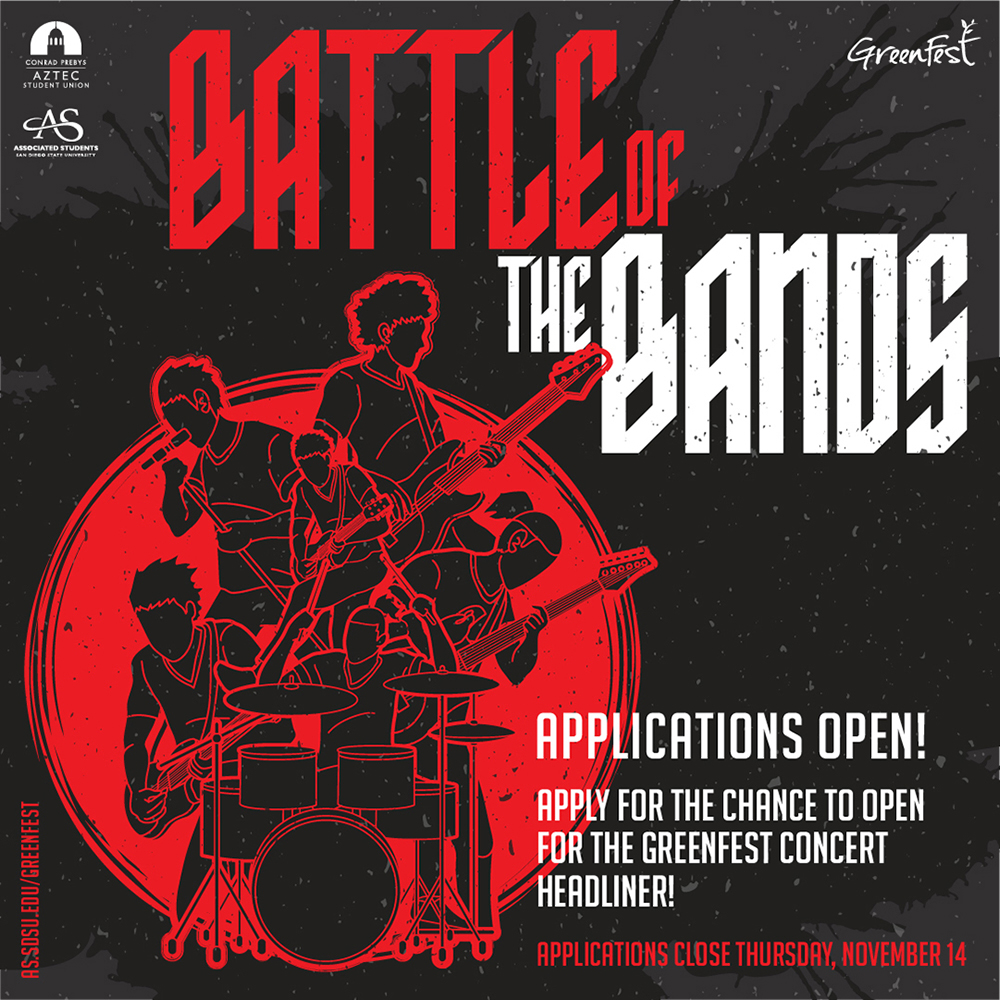 black background with red graphic of people in a band. red and white text saying "Battle of the Bands. Applications open! Apply for the chance to open for the Greenfest Concert Headliner! Applications close Thursday, Nov. 14"