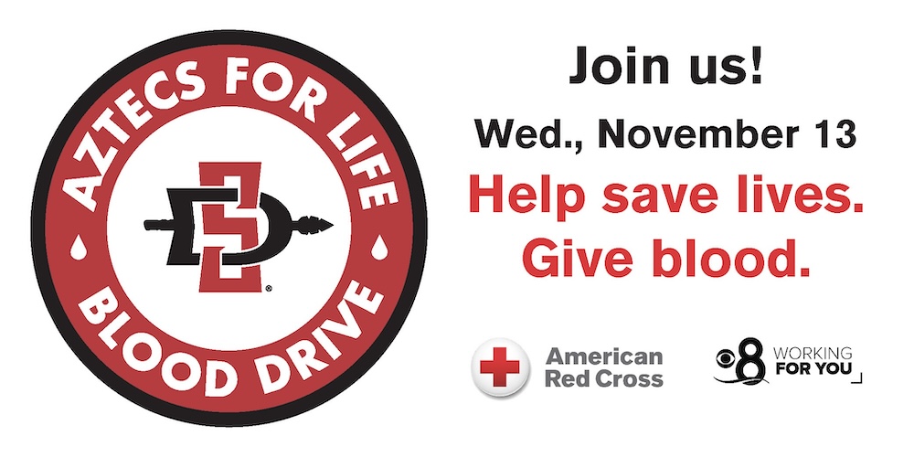 aztecs for life blood drive logo, american red cross logo, working for you channel 8 logo. Red and black text on white background saying "Join us! Wed., November 13. Help save lives. Give blood."