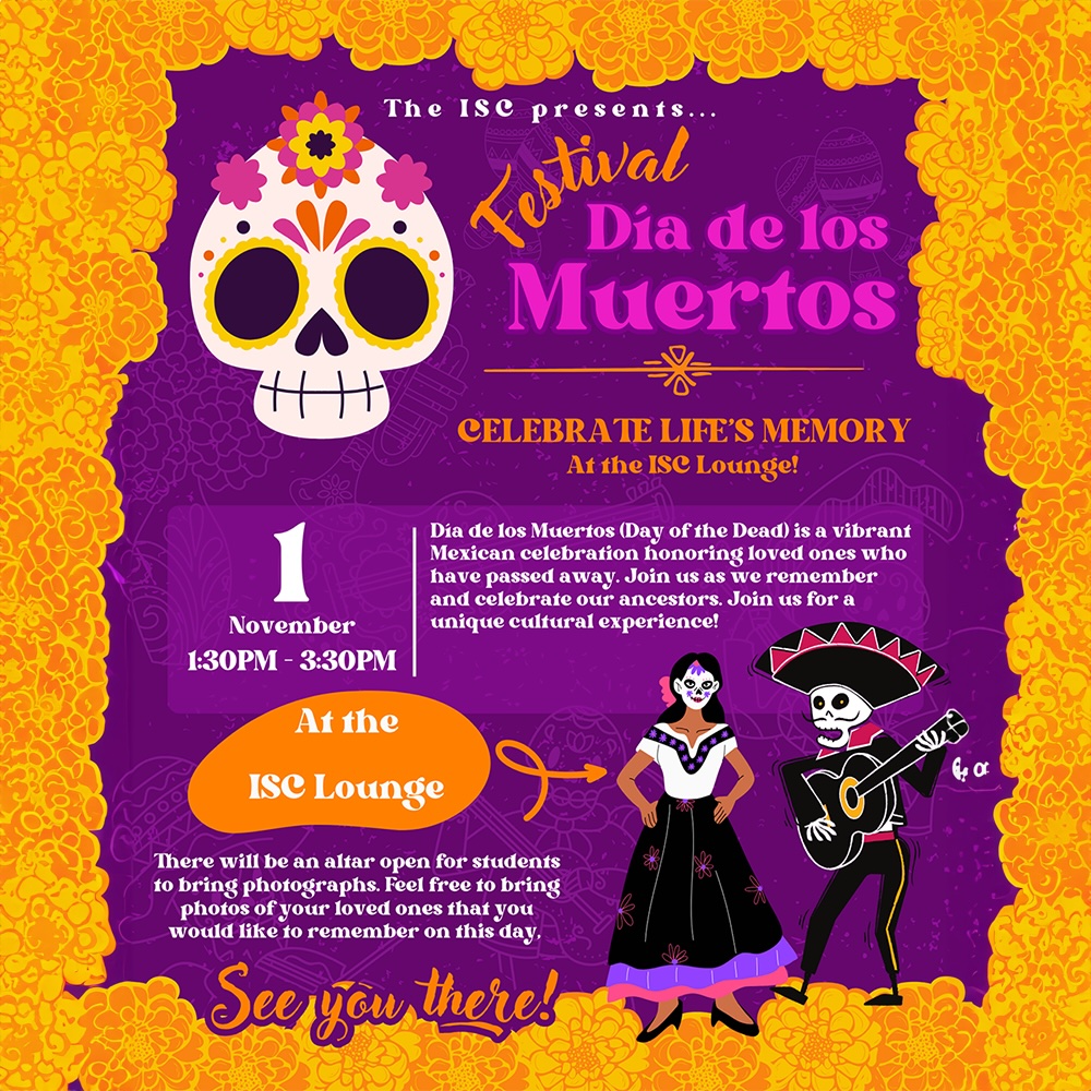 purple background with orange floral border and skull in the middle with magenta and orange text saying "Festival Día de los Muertos" For mor information, please visit www.sdsu.edu/international-student-center