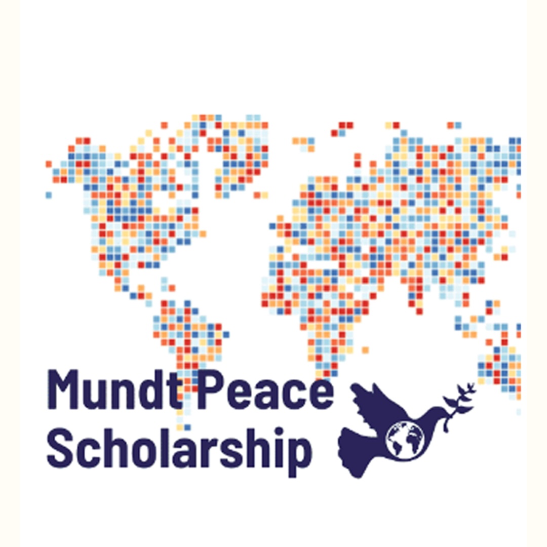 white background with colorful pixels forming the world map continents. Purple text that says "Mundt Peace Scholarship" and purple dove with branch and world on belly.