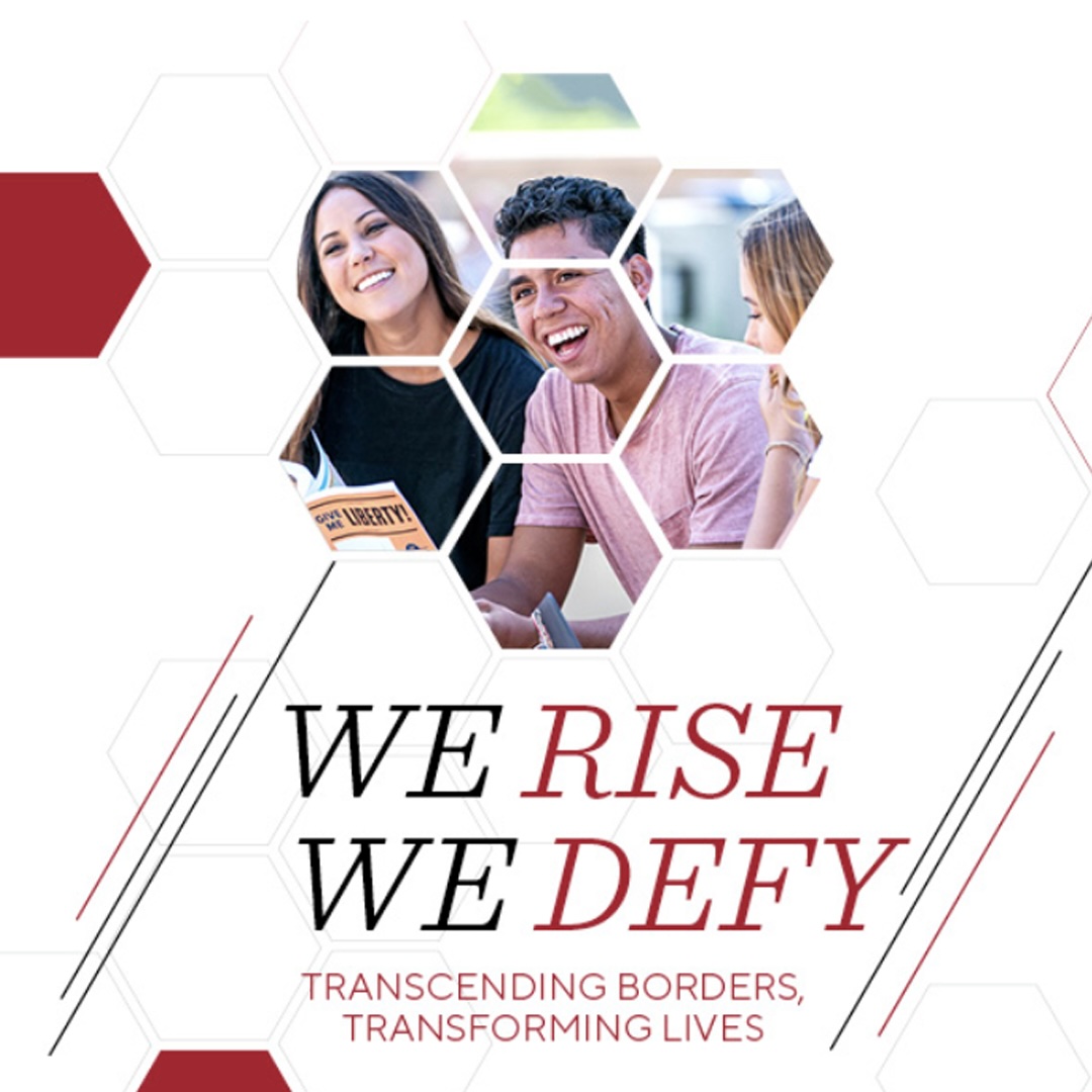 white background with hexagon pattern with people inside pattern. red and black text saying "We rise. We defy. Transcending borders. Transforming lives."