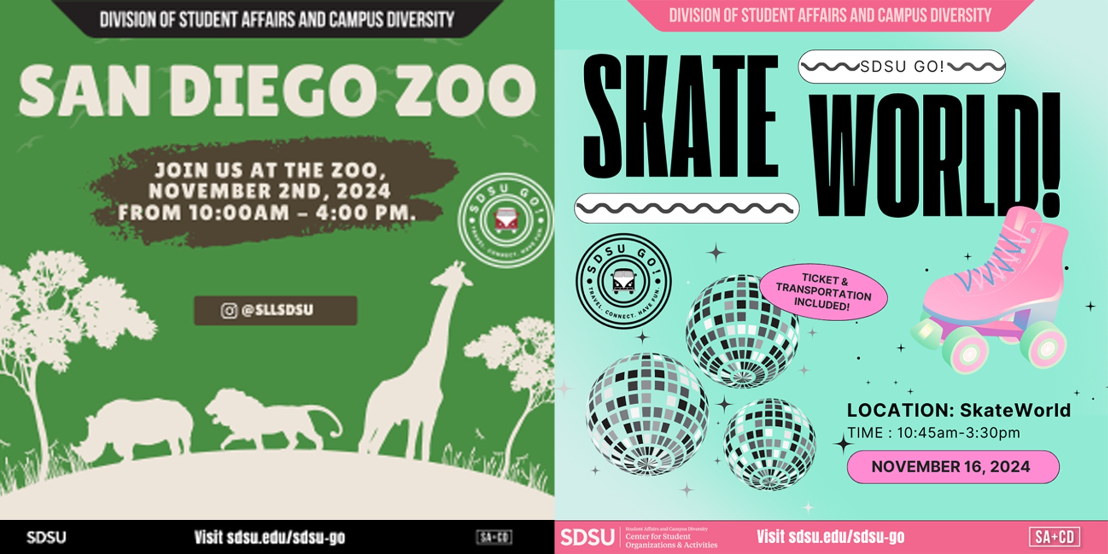 collage of ASUB events showcasing images of zoo animals skates and disco balls