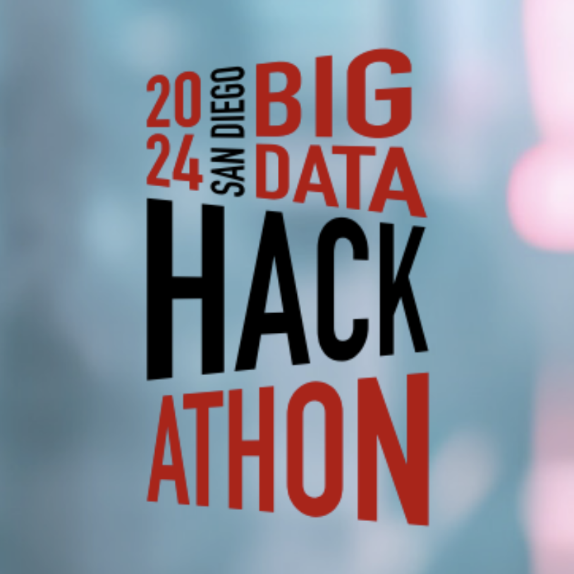 blue and pink background with black and red slanted text saying "2024 San Diego Big Data Hackathon"