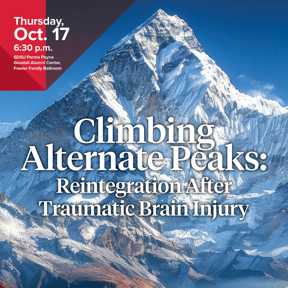 icy montain with text saying "Climbing Alternate Peaks: Reintegration After Traumatic Brain Injury. Thursday, Oct. 17 6 p.m."