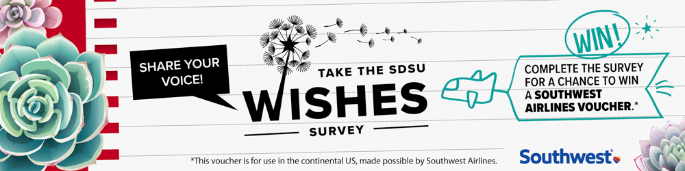 lined paper, succulents, dandelion and airplane with banner. text says, "Share your voice! Take the SDSU WISHES survey" For more information, please visit https://peca.sdsu.edu/projects/wishes