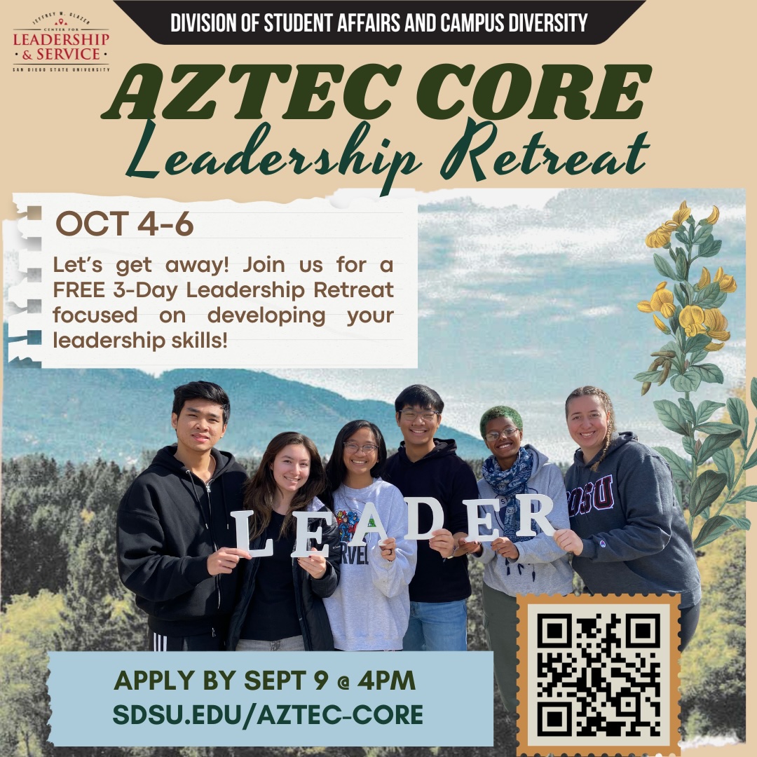 students holding letters spelling out LEADER. for more information please visit http://sdsu.edu/Aztec-Core