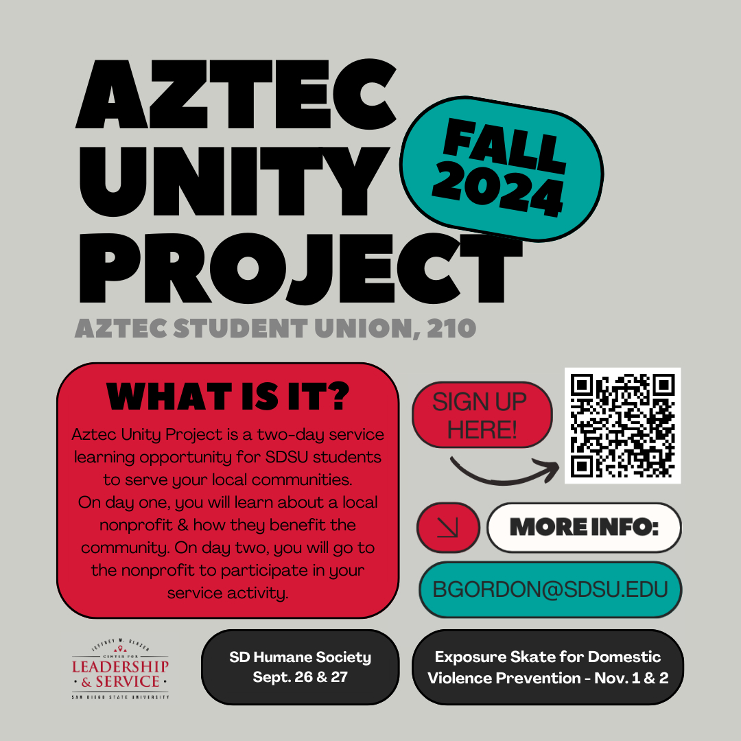 flyer of Aztec Unity Project with the text and description in black text on red, grey, white and teal modules. for more inforation please visit https://sacd.sdsu.edu/student-life-leadership/leadership-and-community-service/community-service