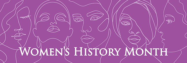 Purple background and white line drawings of faces of women and white serif text saying "WOMEN'S HISTORY MONTH"
