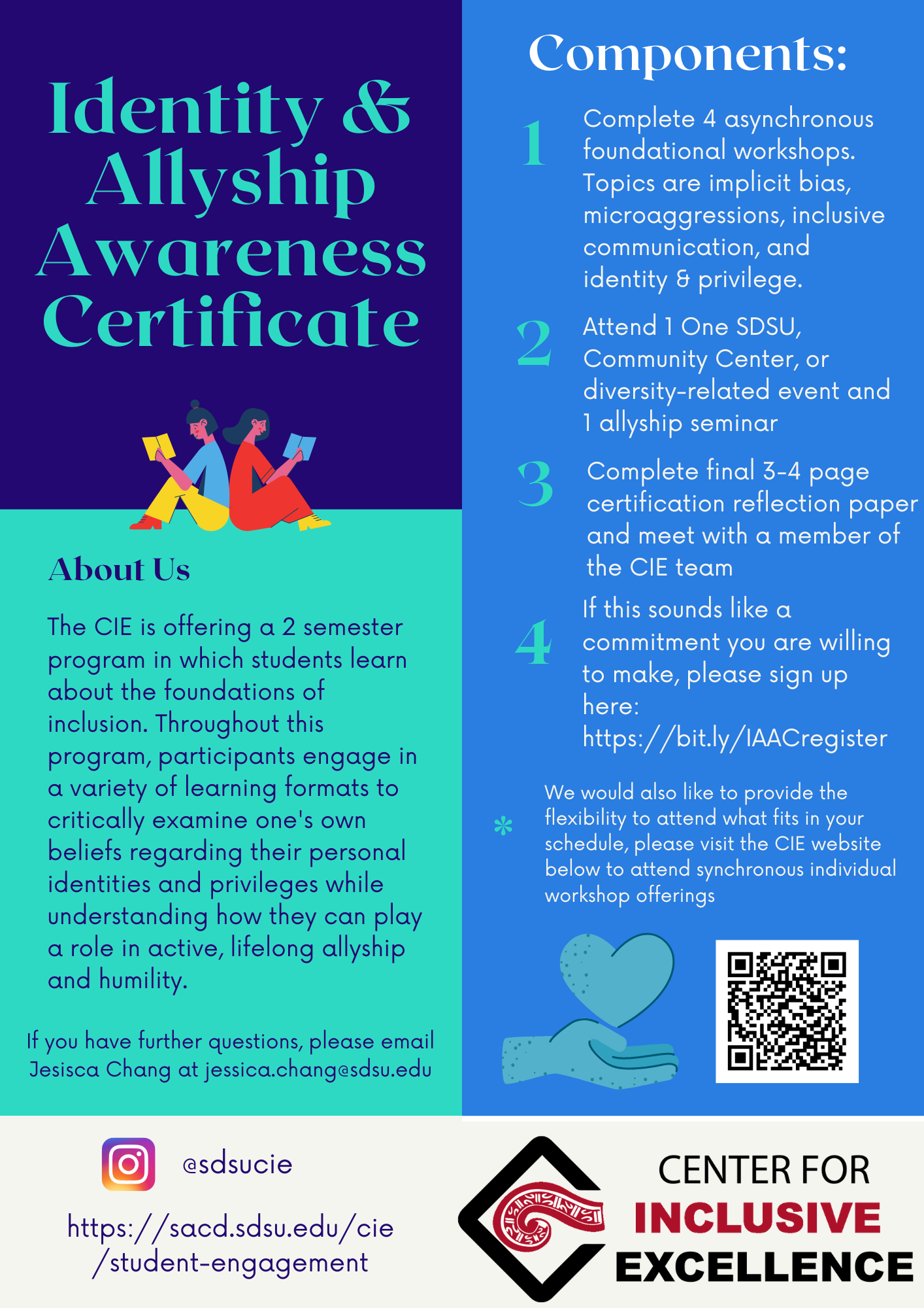 flyer for Identity and allyship awareness certificate offered in 2 semesters to SDSU students to learn about the foundations of inclusion