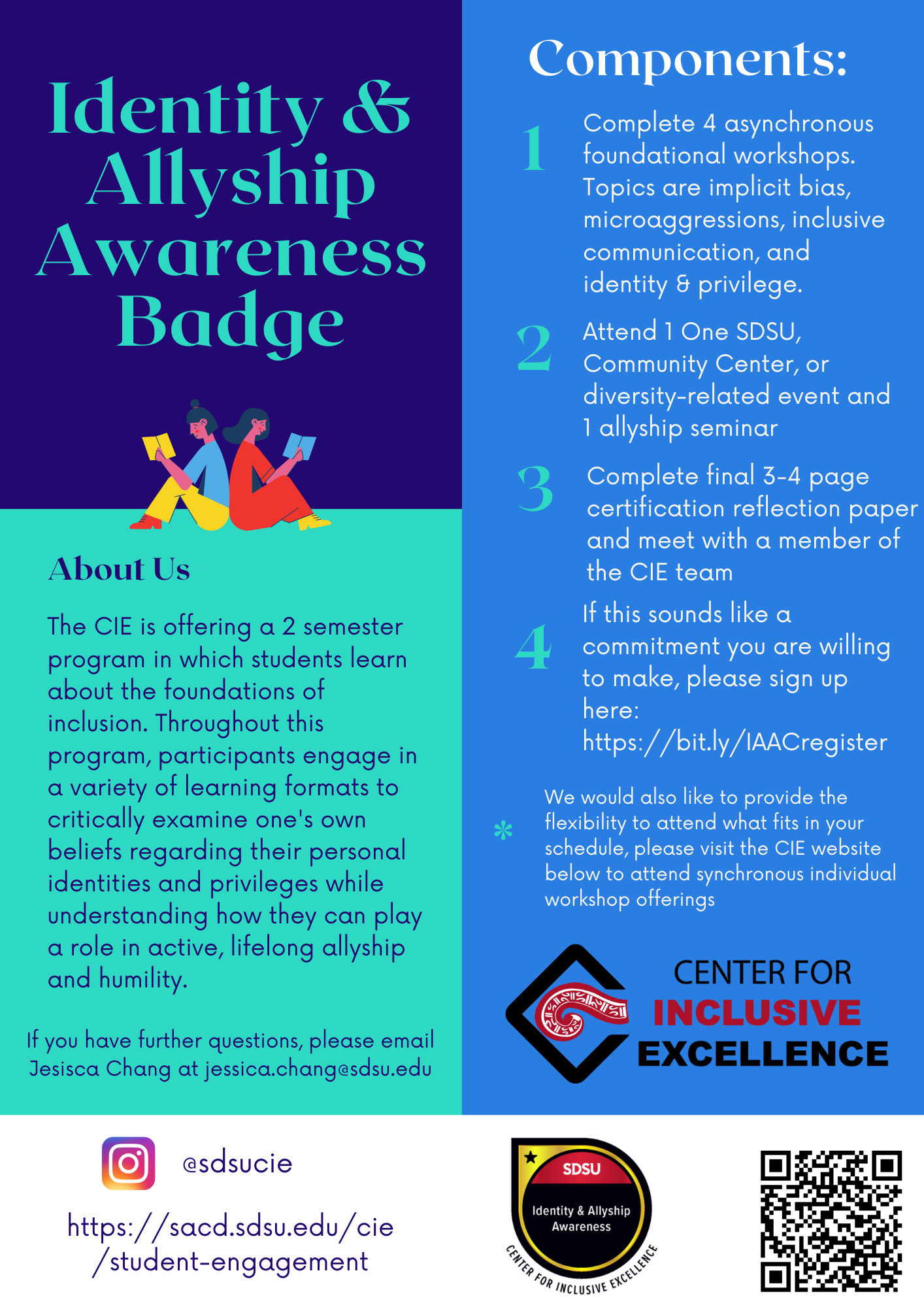Flyer for Identity and Allyship Awarenessc Badge offered in 2 semesters to SDSU students to learn about the foundations of inclusion